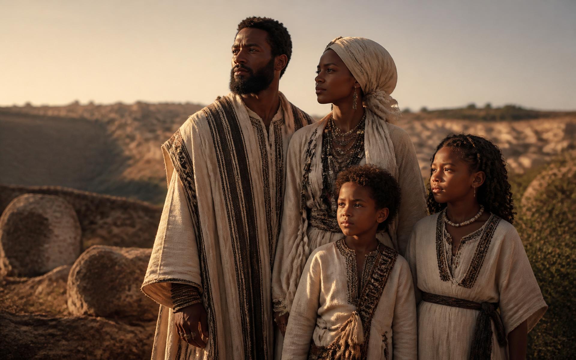 A Black family in ancient Israelite-inspired attire standing together at golden hour
